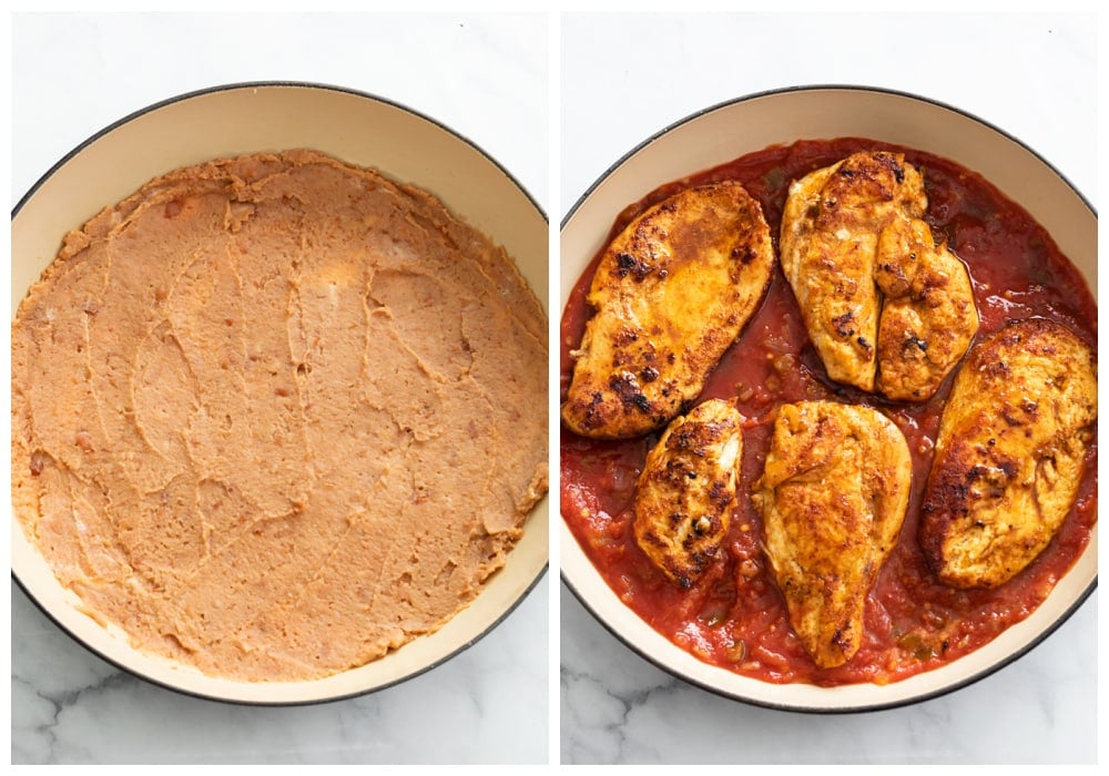 A baking dish with refried beaks, salsa, and chicken.