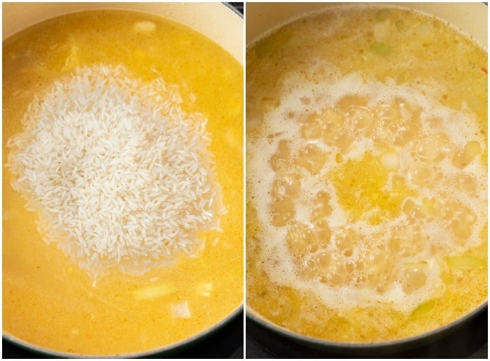 Cooking rice in chicken broth in a dutch oven.