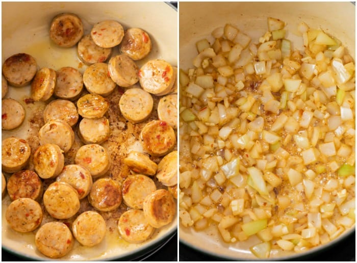 Showing how to make sausage and rice in a skillet.