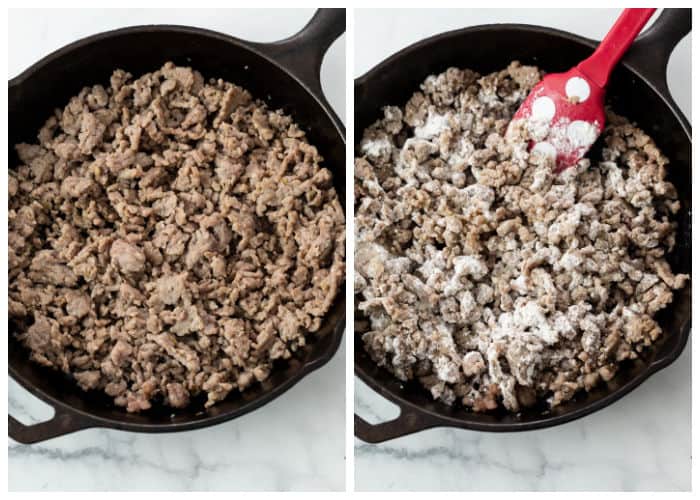 A cast iron skillet with ground sausage cooking and flour being added to make sausage gravy.