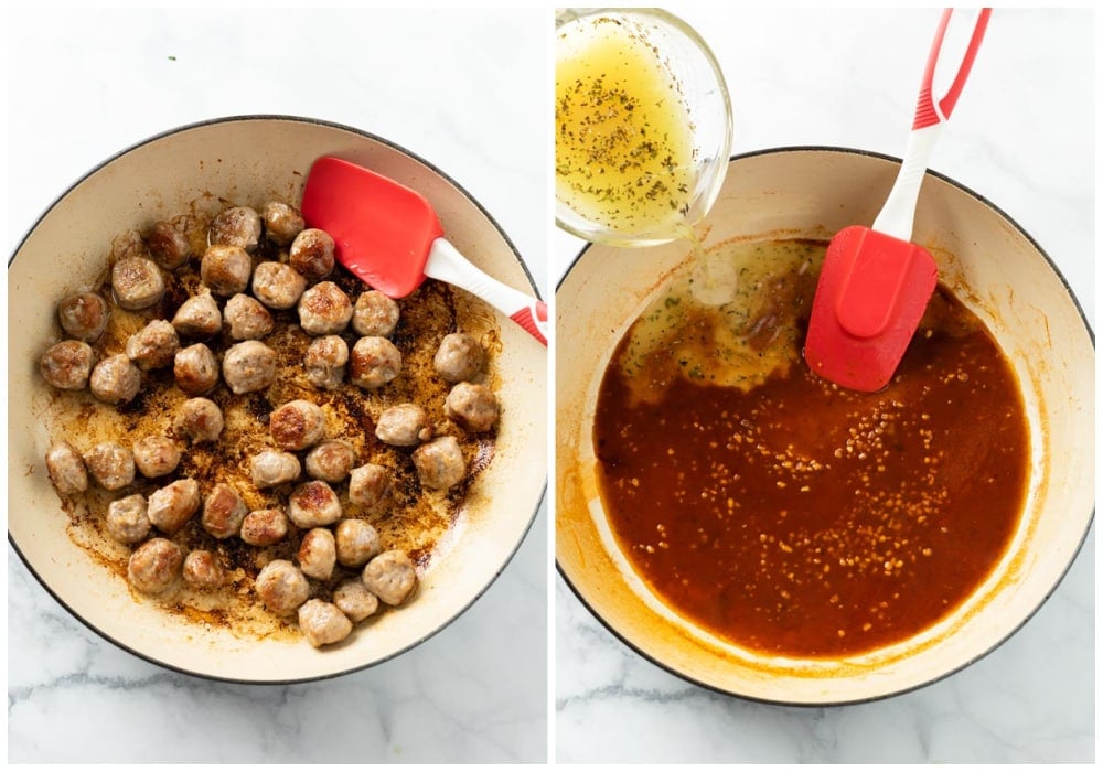 A skillet with cooked sausage next to a skillet with tomato paste, wine, and chicken broth to make pasta sauce.