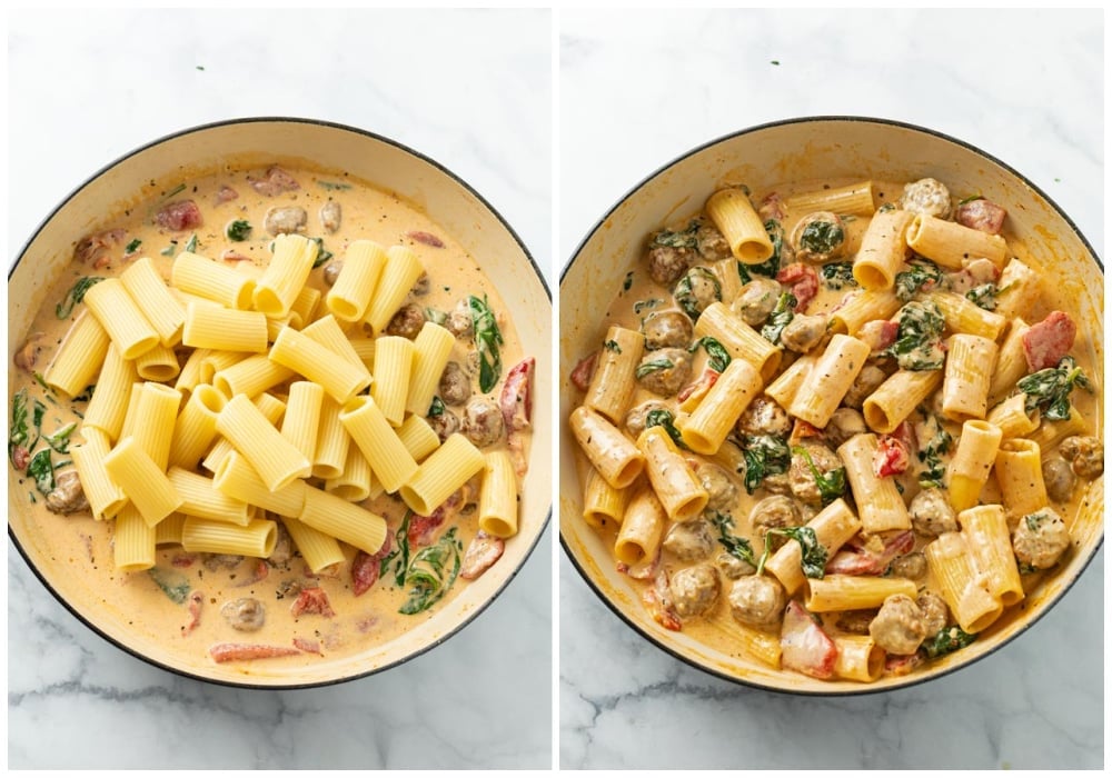 Adding rigatoni to creamy sausage sauce and stirring to combine.