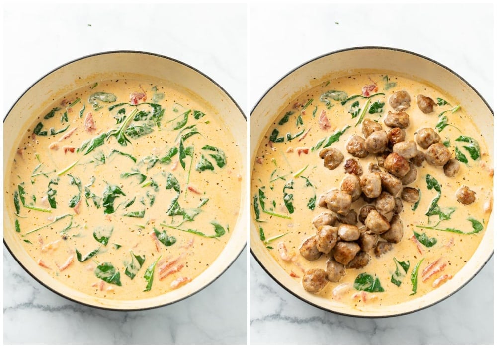 Adding sausage to a skillet with a cream sauce.