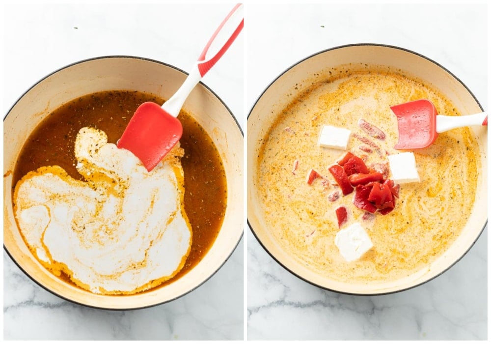 Adding cream, cream cheese, and roasted red peppers to a saucepan for creamy sausage pasta.