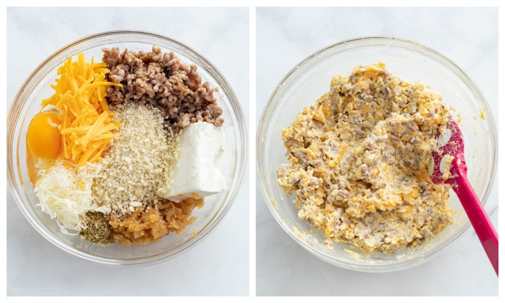 Sausage stuffing for mushrooms in a glass bowl before and after mixing.