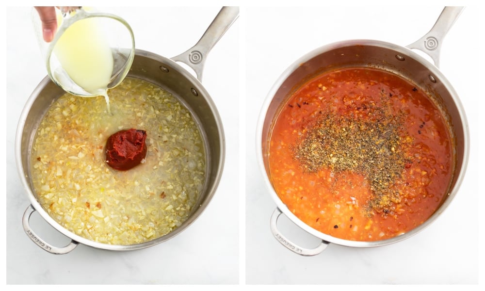 Adding wine and tomato paste to a skillet to make a Fra Diavolo sauce.