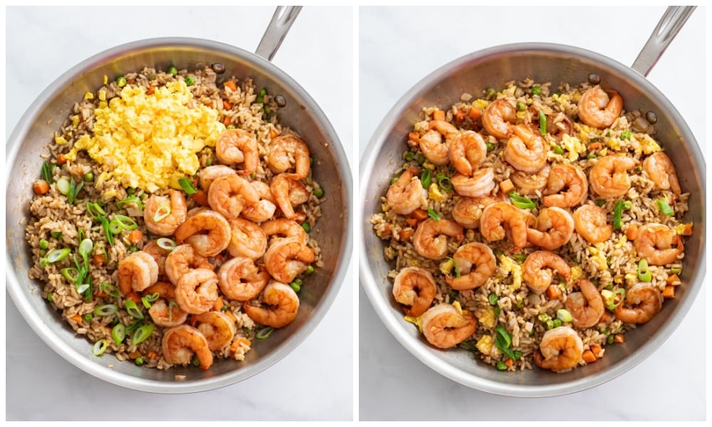 Adding shrimp, eggs, and green onions to a skillet of fried rice.