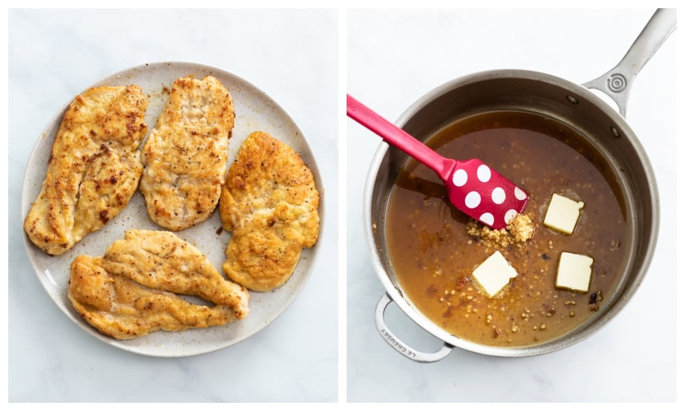 A plate of seared chicken next to a skillet with butter, wine, and garlic.