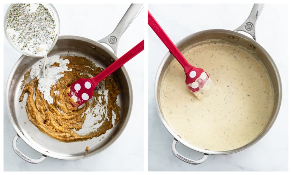 Making a creamy sauce in a skillet for Spinach Chicken.