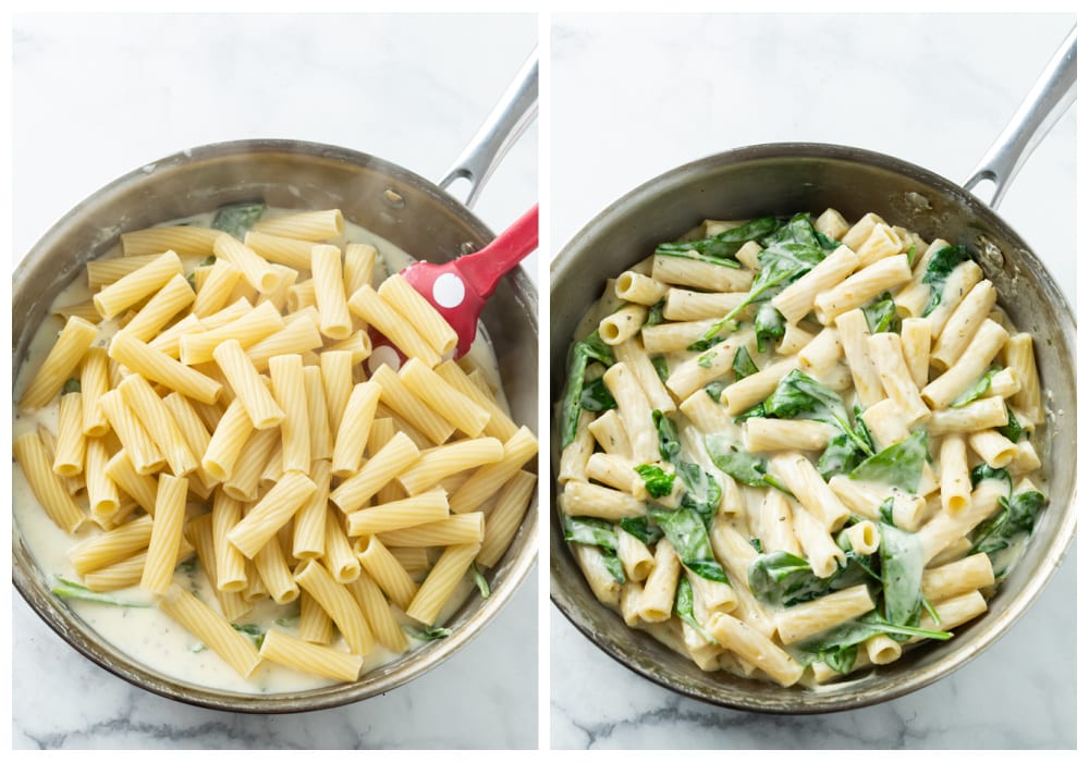 Adding ziti noodles to a Creamy Spinach Sauce and stirring to combine.