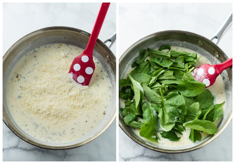 Adding Parmesan cheese and spinach to a make creamy spinach sauce.