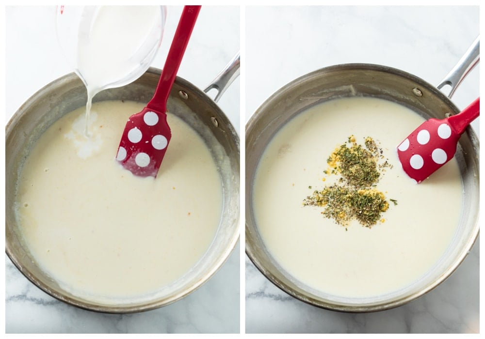 Adding chicken broth cream, and seasonings to make sauce for Spinach Pasta.