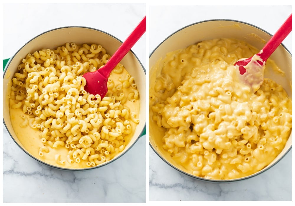 Macaroni being added and stirred into cheese sauce.