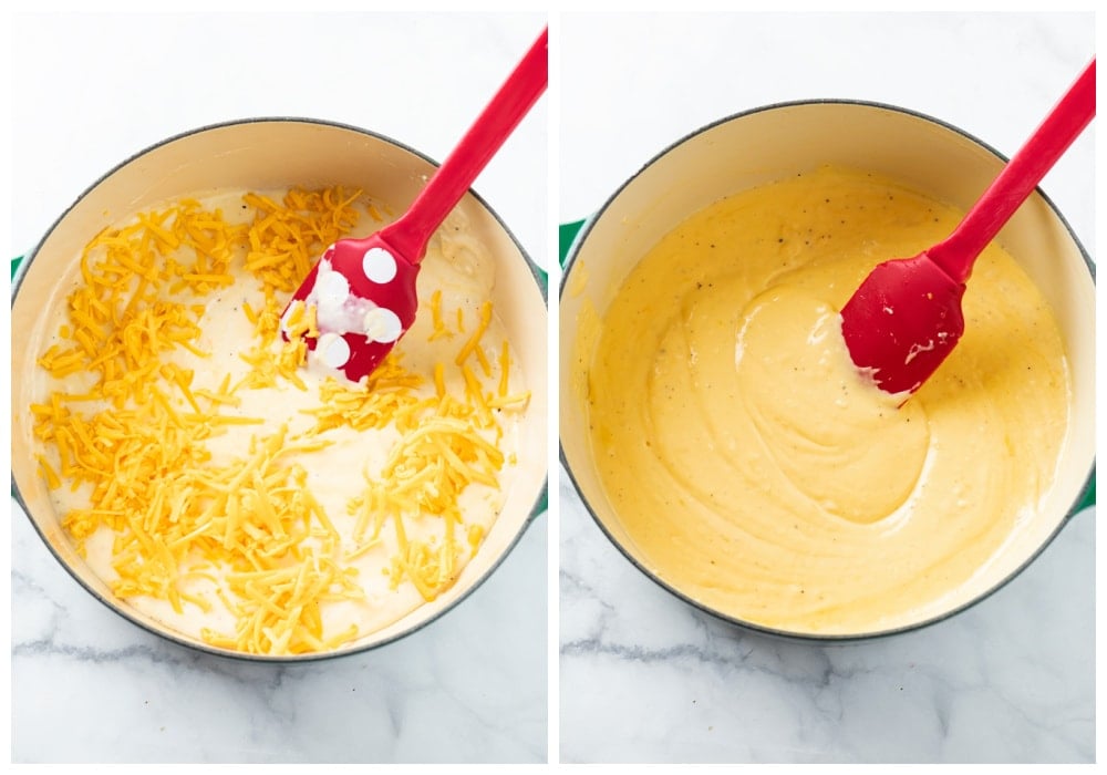 Adding cheese and stirring it into sauce for stovetop mac and cheese.