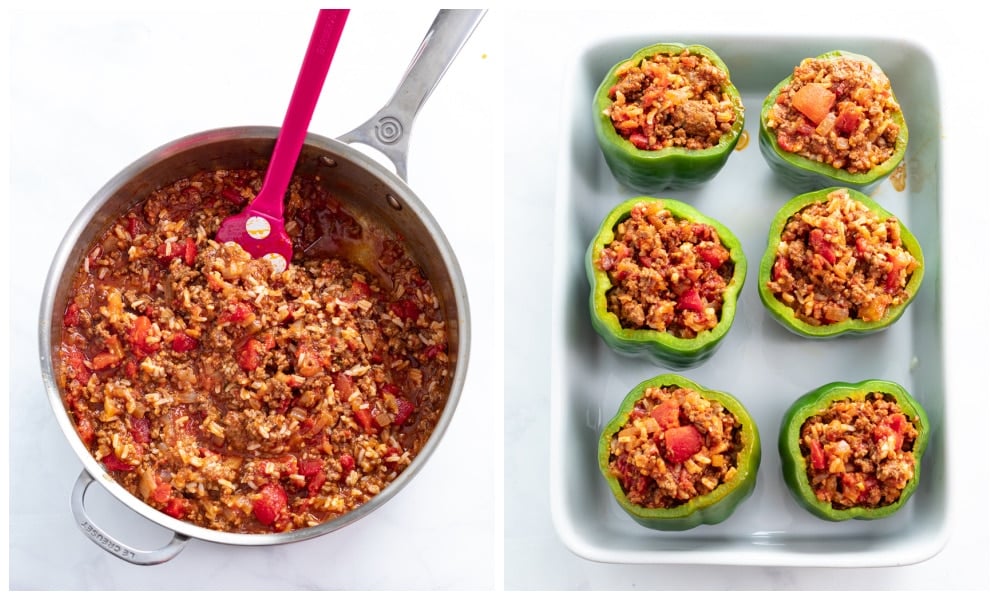 A skillet with a meat, rice, and tomato filling next to a casserole dish with stuffed peppers in a casserole dish.