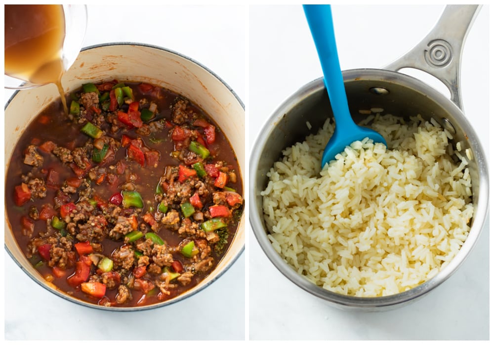 A soup pot with with beef broth being added to stuffed pepper soup next to a pot of cooked white rice.