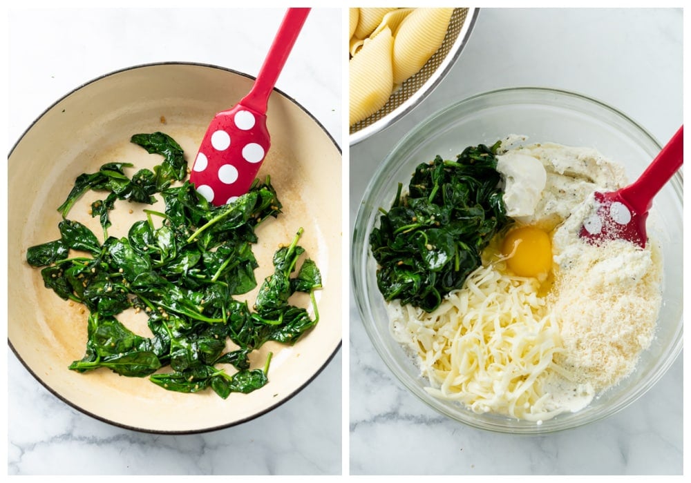 A skillet of sautéed spinach next to a bowl of filling ingredients for stuffed shells. 