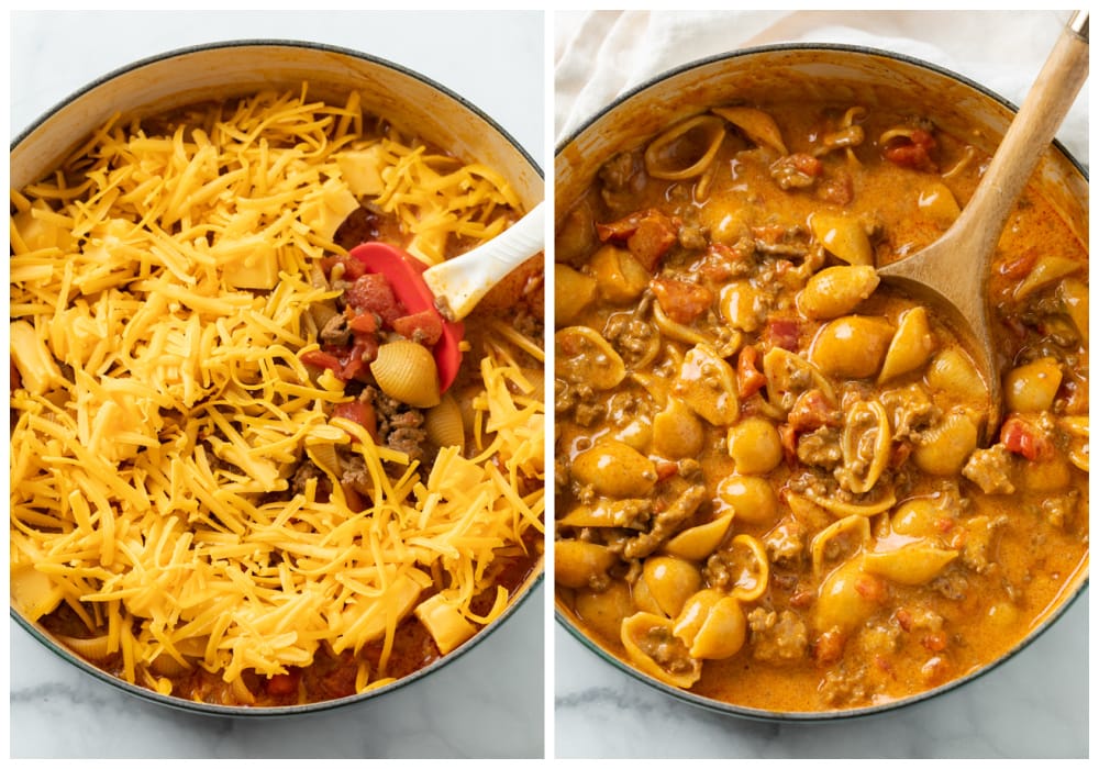 Cheese being added and stirred into a pot of taco pasta.