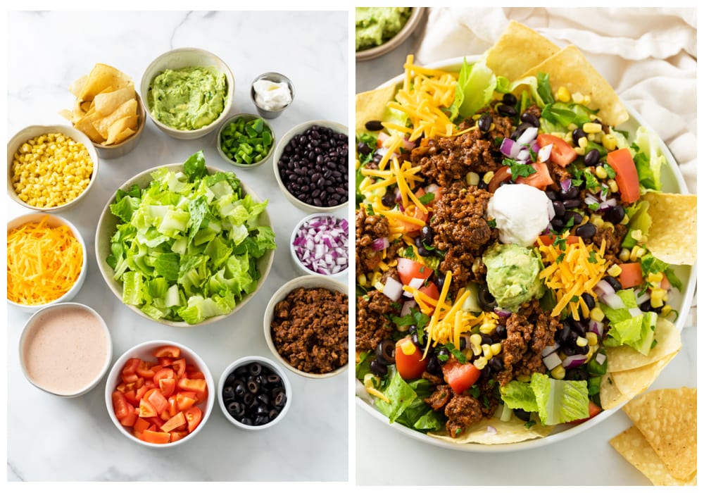 Ingredients for making taco salad next to an assembled taco salad.