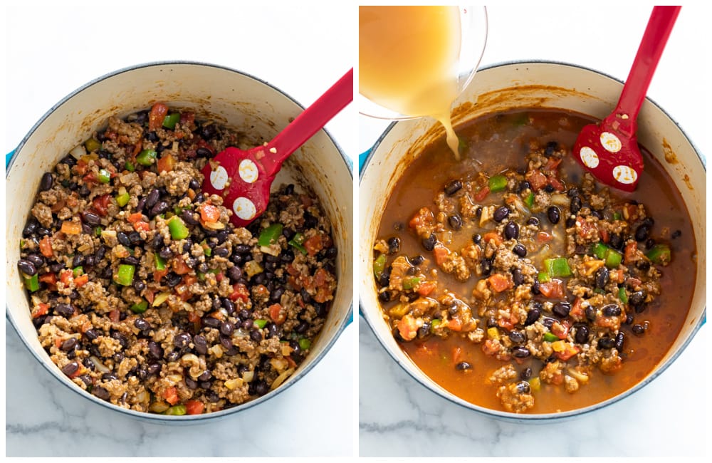 Making taco soup with beef, tomatoes, black beans, enchilada sauce, and broth.