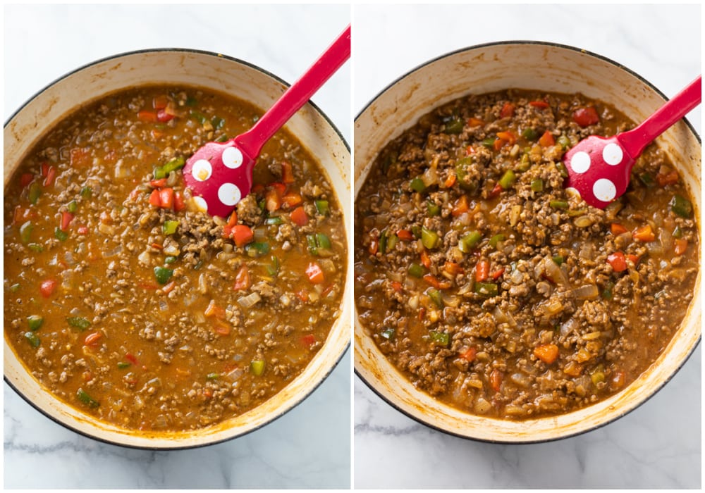 Ground beef in a gravy sauce being reduced for Tater Tot Casserole