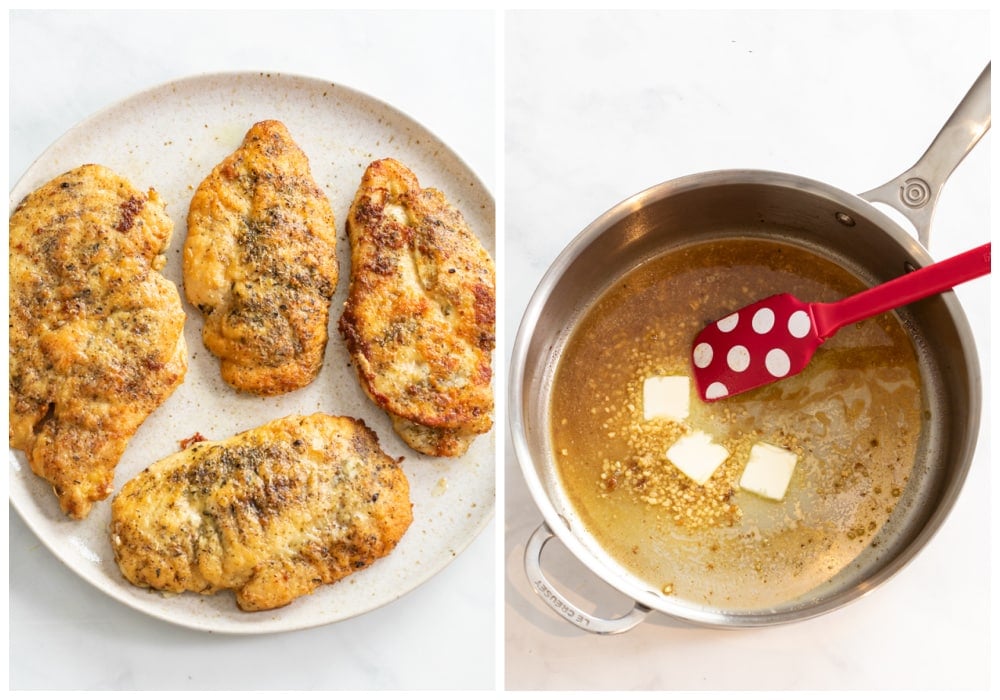 Seared chicken on a plate next to a skillet with garlic, wine, and butter.