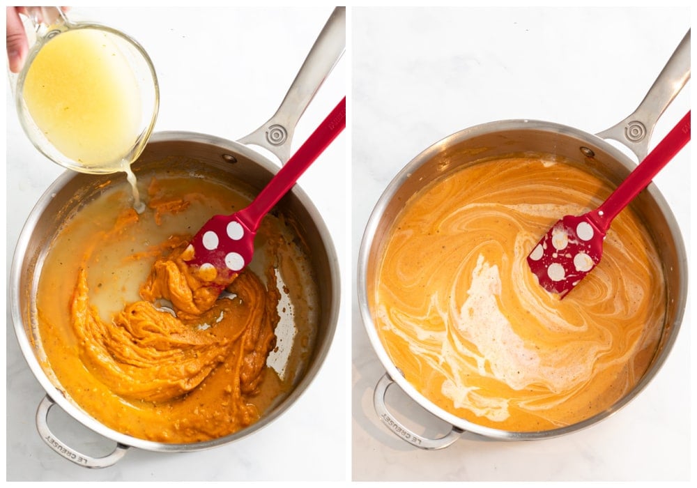 Making a creamy tomato sauce in a skillet with broth, cream, and tomato paste.