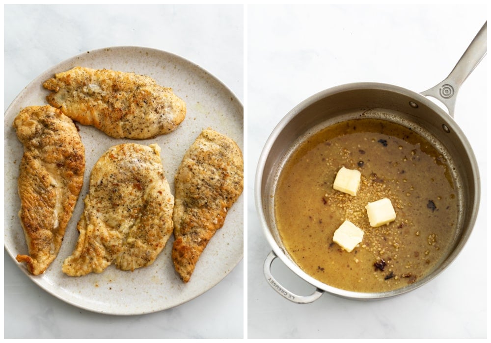 A plate of seared chicken next to a skillet with wine, garlic, and butter.