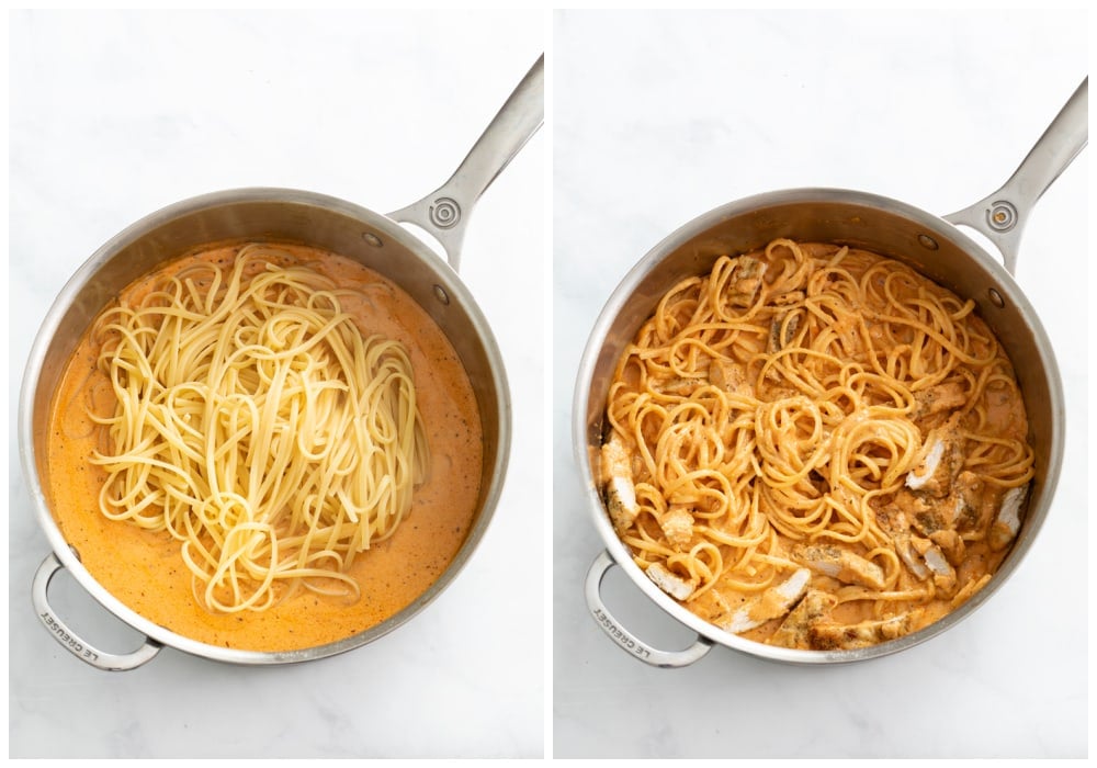 Adding linguine and chicken to a creamy tomato sauce.