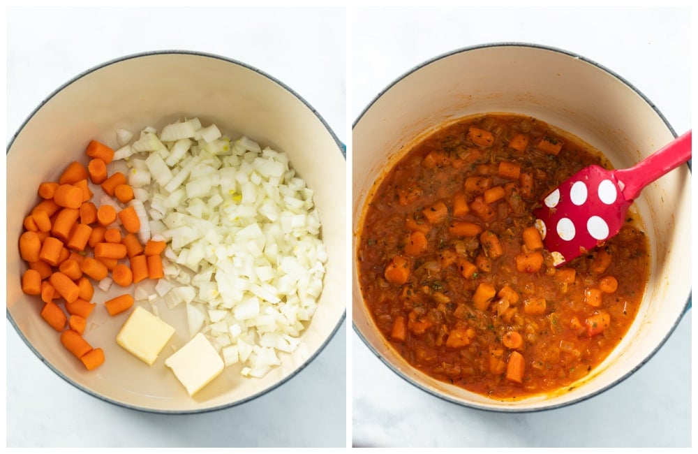 Diced carrots, onions, butter, and olive oil before and after being caramelized and mixed with seasonings and tomato paste.