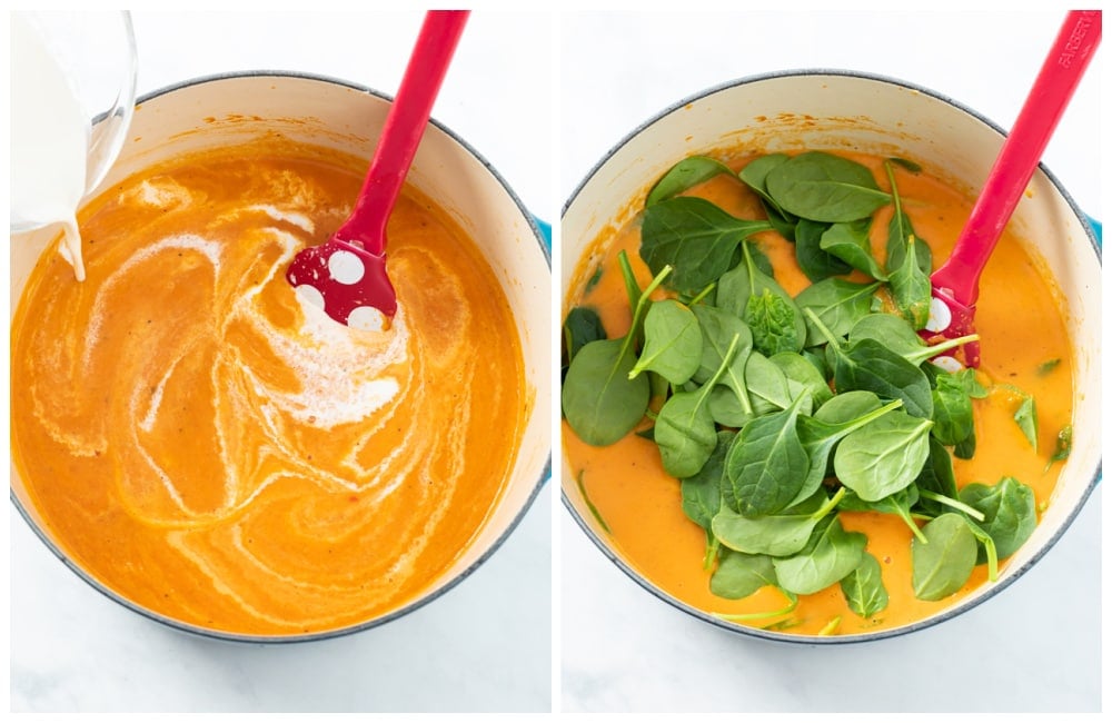 Adding cream and spinach to Tomato Tortellini Soup.