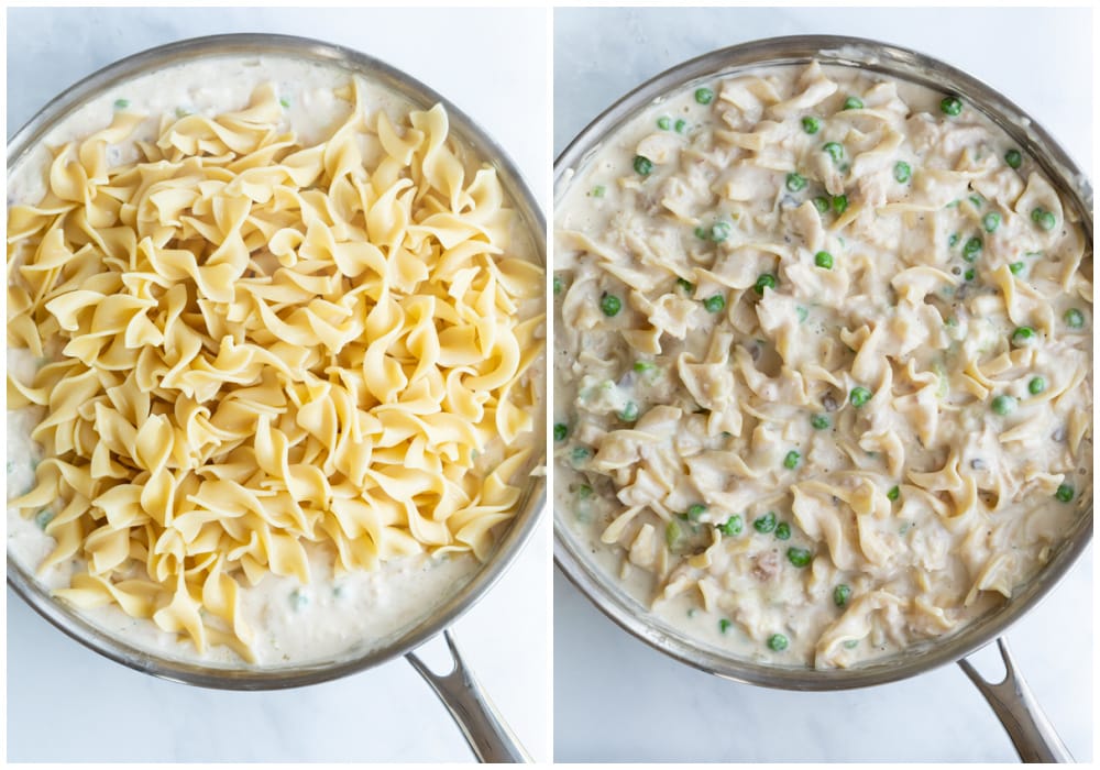 Mixing egg noodles into a skillet with cream sauce for Tuna Noodle Casserole.