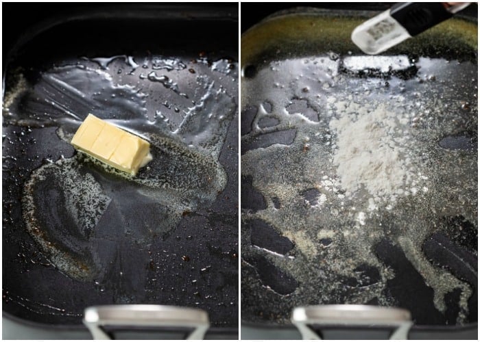 Making a roux in a roasting pan to make turkey gravy.