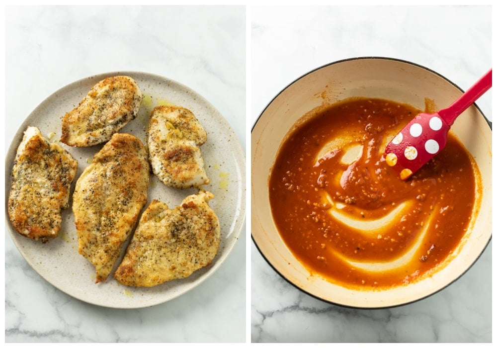 Seared chicken on a plate next to a pot of tomato base to make sauce.