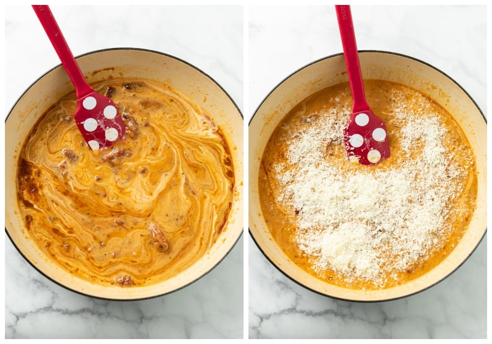 Adding cream and Parmesan cheese to a pot of Tuscan Chicken sauce.