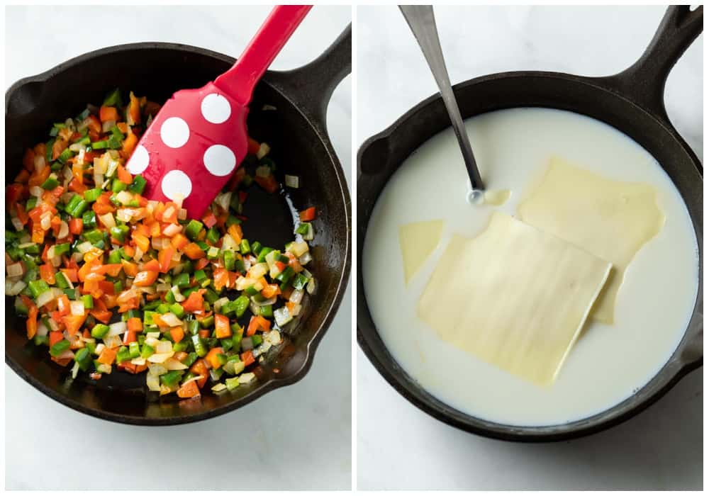 A cast iron skillet with sautéed onions and peppers with half and half and cheese being added for White Queso Dip.