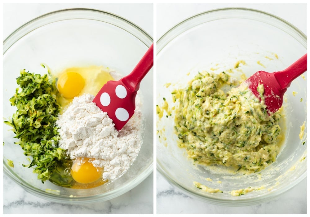 Mixing eggs, flour, and zucchini to make zucchini crust pizza.