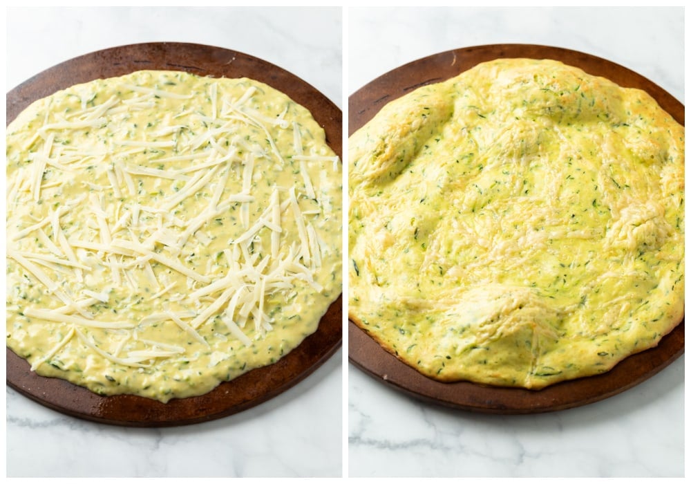 Zucchini Crust on a pizza stone before and after being baked.