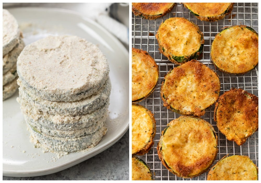 Breaded Zucchini Parmesan before and after bring fried.