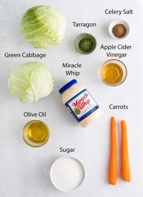 Overhead view of ingredients needed to make Copycat KFC Coleslaw