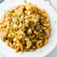 A white plate full of instant pot hamburger helper.