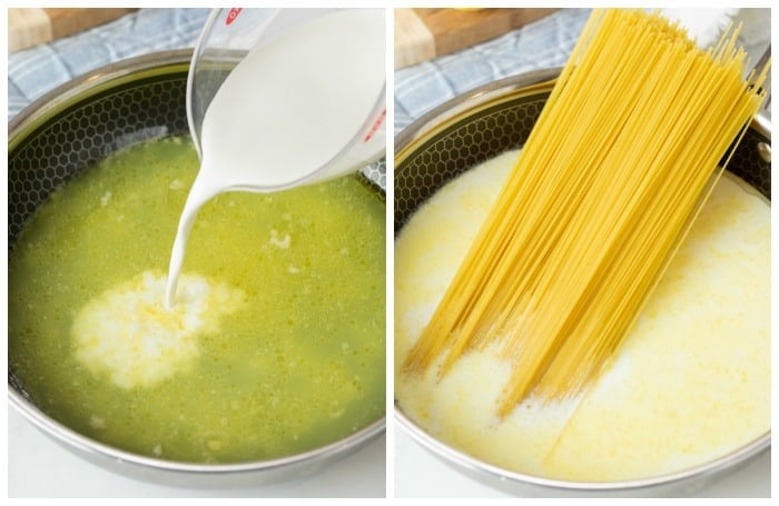 Half and half being poured into a skillet of chicken broth followed by adding angel hair pasta to make creamy lemon pasta.