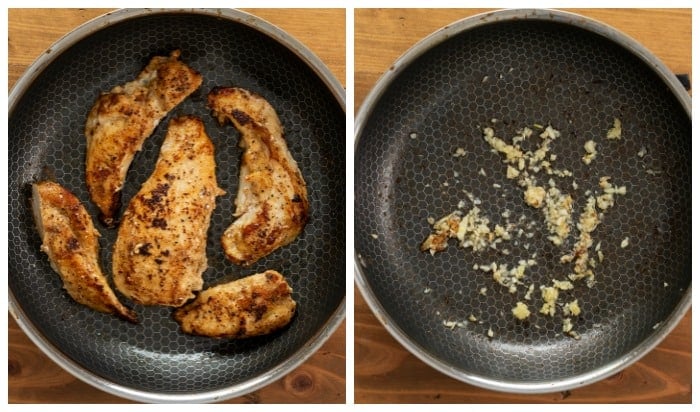 Blackened chicken in a pot next to a pot with minced garlic.