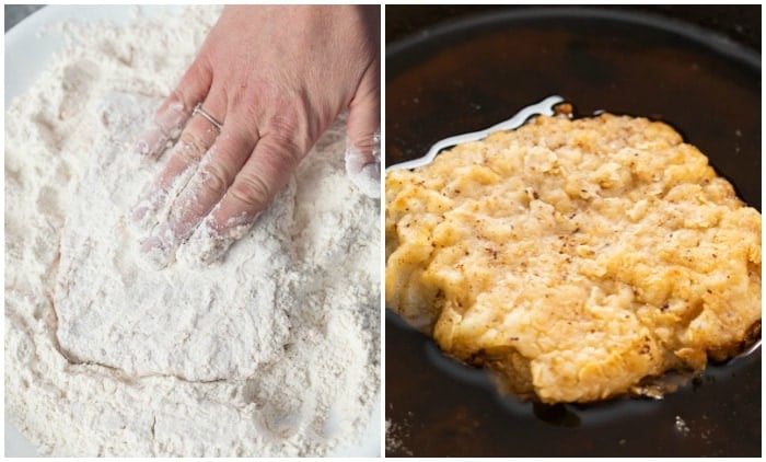 Chicken fried steak being coated in flour breading and fried in a pan.