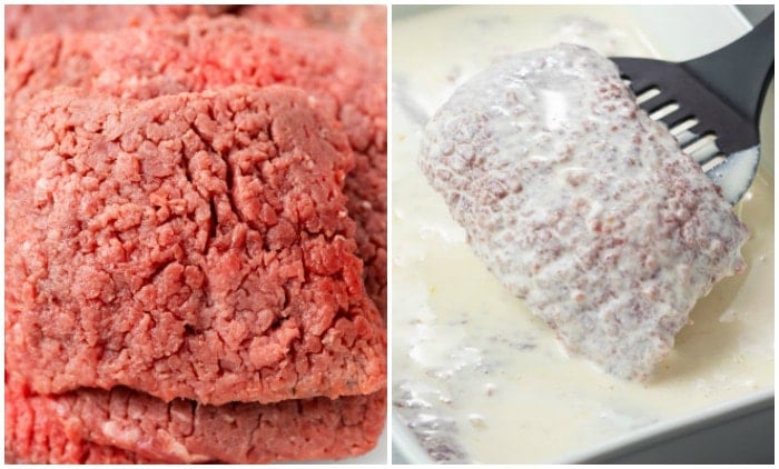 A piece of chicken fried steak before and after being marinated in buttermilk.