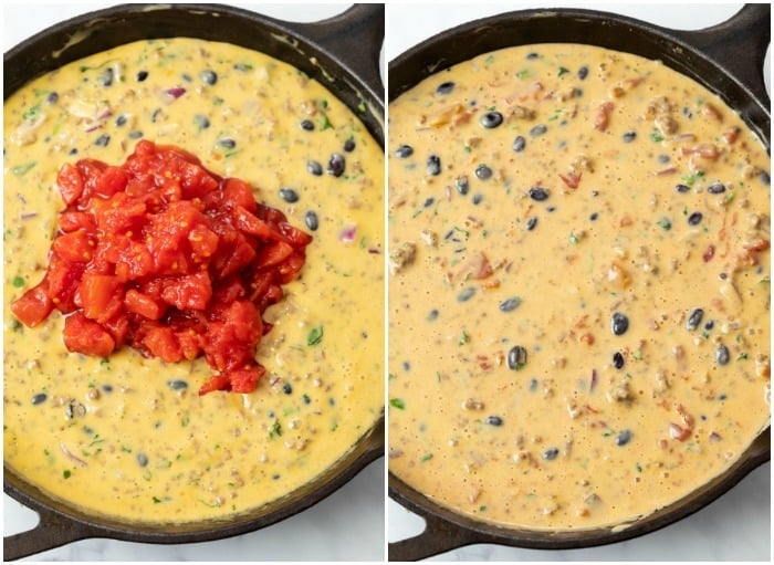 Tomatoes being added to a skillet full of Cowboy queso dip.