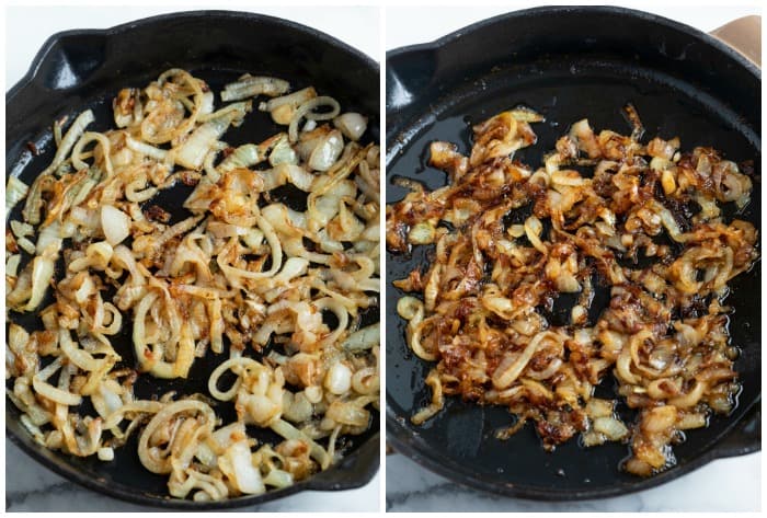 Cooked onions in a cast iron skillet starting to caramelize.