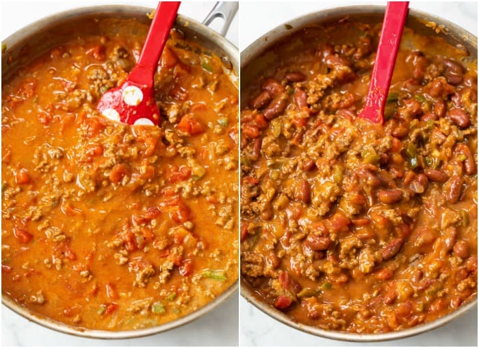 Showing how to make Frito Pie with Chili thickening in a skillet.