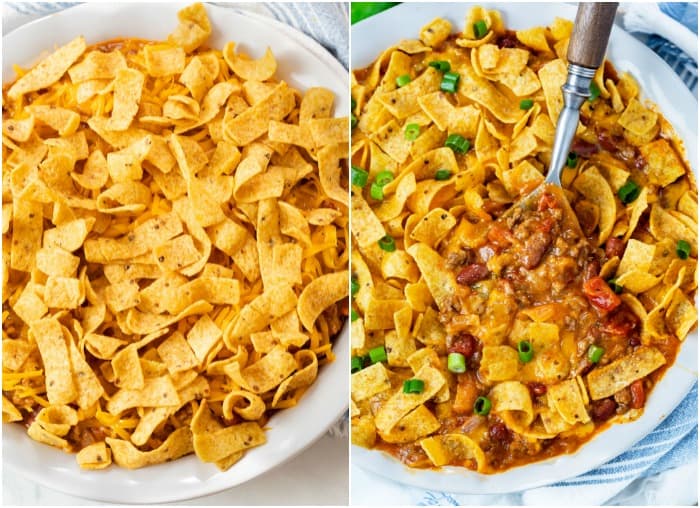 Chili in a pie plate and topped with cheese and Fritos for Frito Pie.