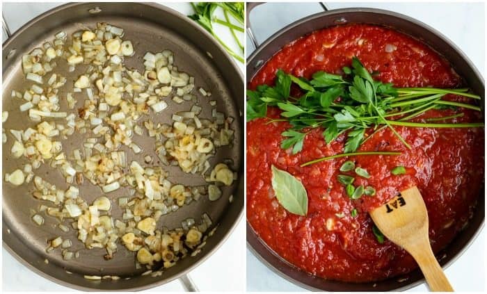 A pot with onions and garlic next to a pot with crushed tomatoes and parsley, and seasonings